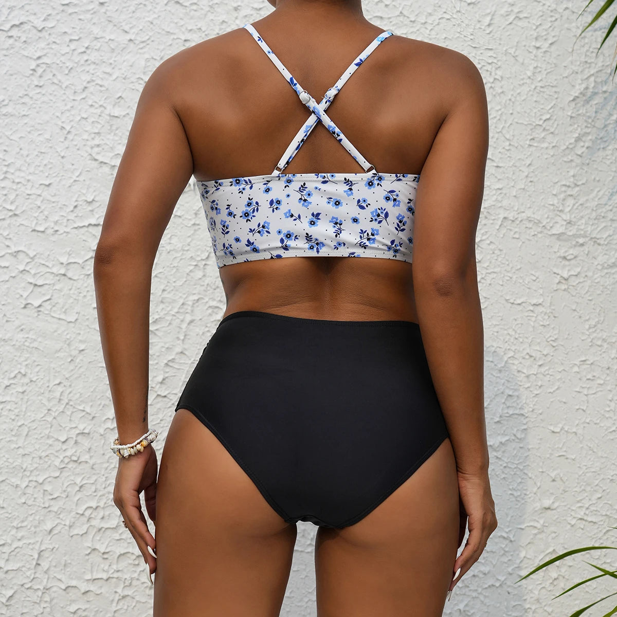 Strappy High Waist Bikini Women Swimsuit Printed Floral Swimwear Female Bathers Bathing Swimming Swimsuit Beachwear