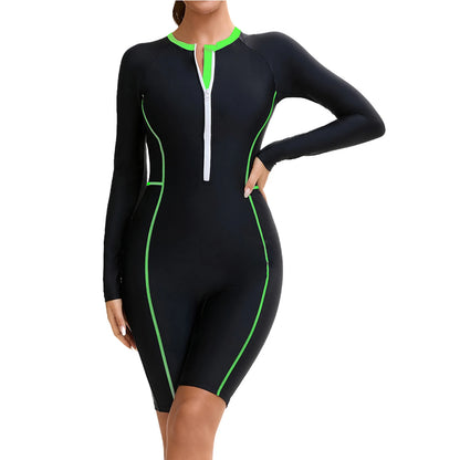 Womens Swim Leotard Long Sleeve One-Piece Swimsuit Surfing Swimwear Bathing Suit Front Zipper Jumpsuit for Summer Holiday Pool