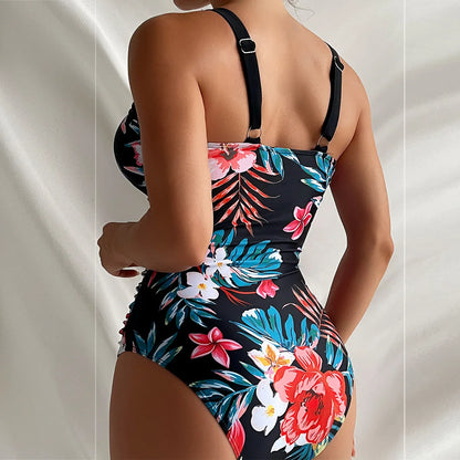 One Piece Swimsuit Women Swimwear Push Up Monokini Plunge Bathing Suit Floral Bodysuit Beach Wear Female Swimsuit