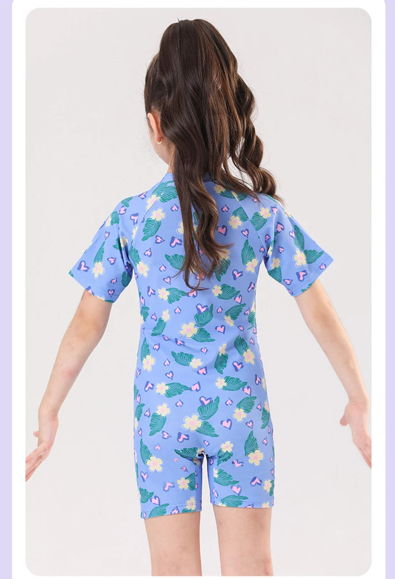 Leaf Print One Piece Girls Swimwear Kids Short Sleeve Swimsuit With Front Zipper Summer Children Swimming Suit Beachwear