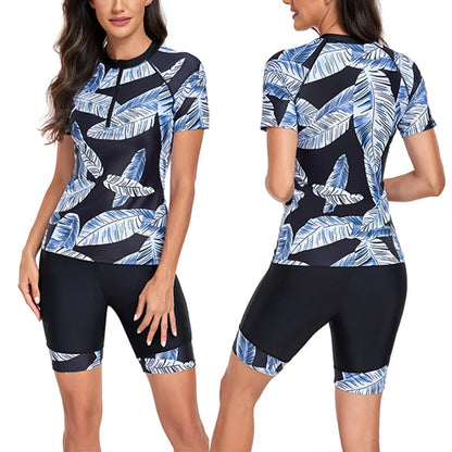Rash Guard Women's Summer Fashion Sports Print Zipper Round Neck Short Sleeved Surfing Suit Summer Beachwear Swimsuits For Women