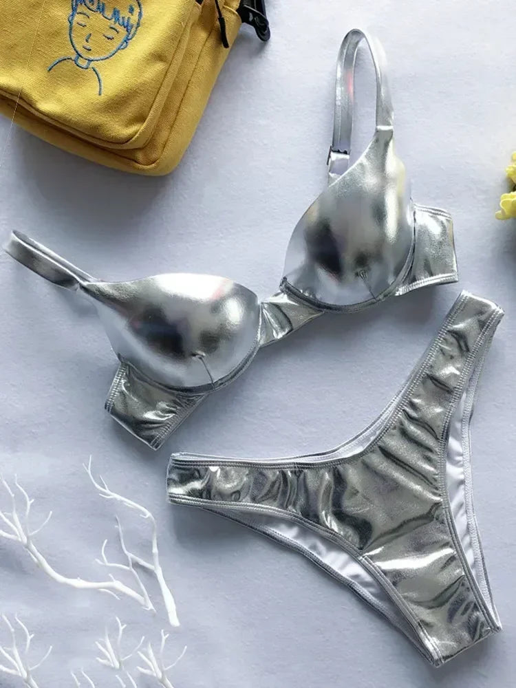 Shiny PU Faux Leather Bikini Push Up Swimsuit Women Swimwear Female Two-pieces Bikini set Bra Cup Bather Bathing Suit Swim
