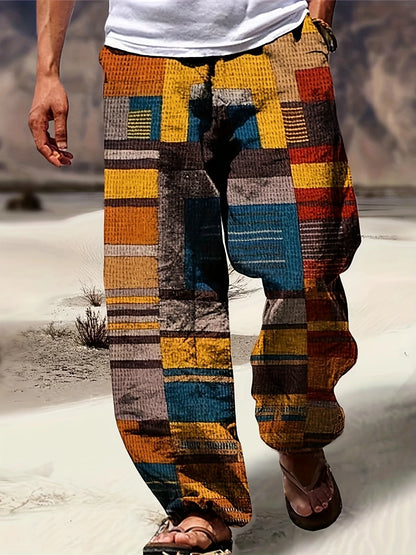 Men's Casual Summer Trousers Colorful Patchwork Print Drawstring Lightweight Elastic Waist With Pockets Relaxed Fit Pants
