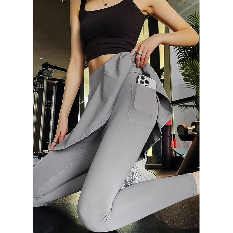 Side Ruched Women Tennis Skirted Leggings with Pockets Capris Yoga Leggings with Skirts Tennis Pickleball Clothing