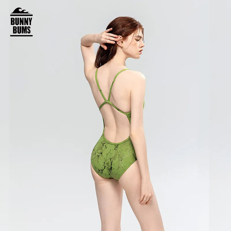 Green Pattern One-piece Swimsuit Women Quick-drying Chlorine Resistant Swimsuit