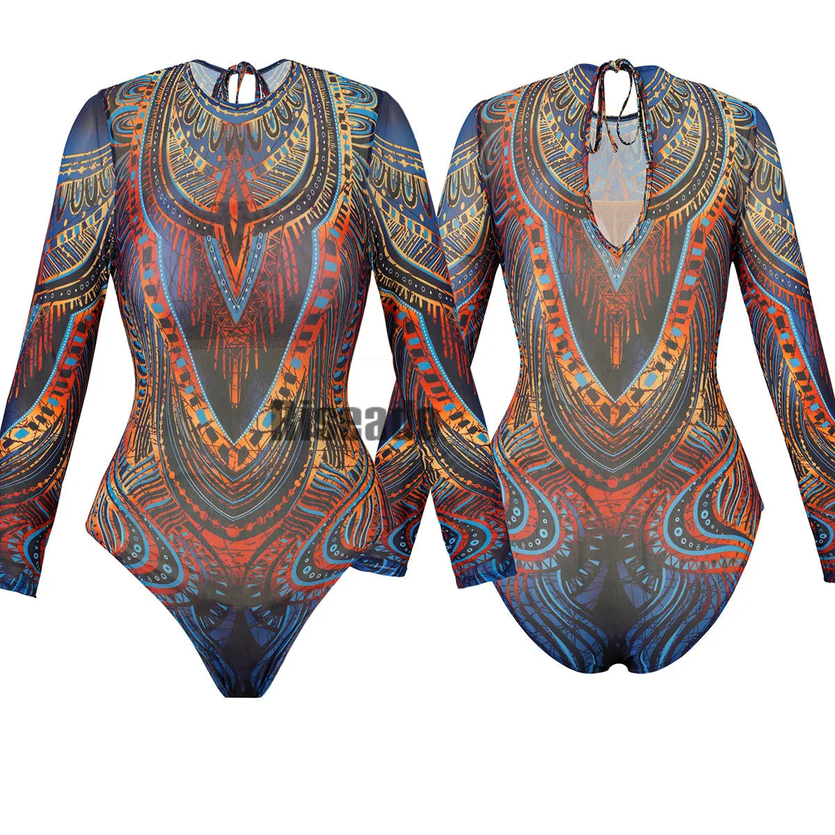 Womens Long Sleeve Mesh Rash Guard UV UPF 50+ Sun Protection Printed  High Waist Surfing One Piece Swimsuit Bathing Suit