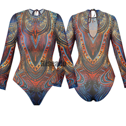 Womens Long Sleeve Mesh Rash Guard UV UPF 50+ Sun Protection Printed  High Waist Surfing One Piece Swimsuit Bathing Suit