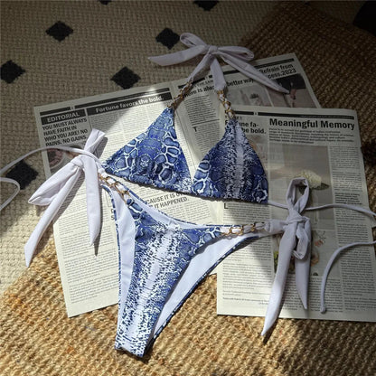 Snake Skin Printed Halter Strappy Bikini Women Swimwear Two-pieces Bikini set Female Swimsuit Bather Bathing Suit Swim