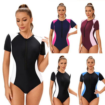 Women Swimsuit Surfing Swimsuit Women One Piece Zip Floral Print Sports Bathing Suit for Beach Wear Block Color Swimwear