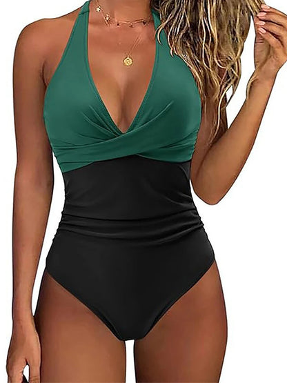 Halter Swimsuit Women One Piece Printed Cross Smocked Swimwear Female Bodysuit Bathing Swimming Suit Padded Beachwear