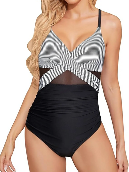 Vintage Strappy Swimsuit Women One Piece Solid Mesh Swimwear Female Bathers Bathing Swimming Swim Suit Beachwear XXL
