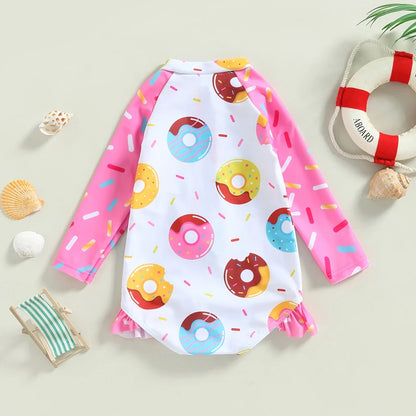 Kids Baby Girl Long Sleeve Swimsuits Ruffle Trim Donut Print Zipper Jumpsuit Swimwear Beachwear Bathing Suits 1-5T