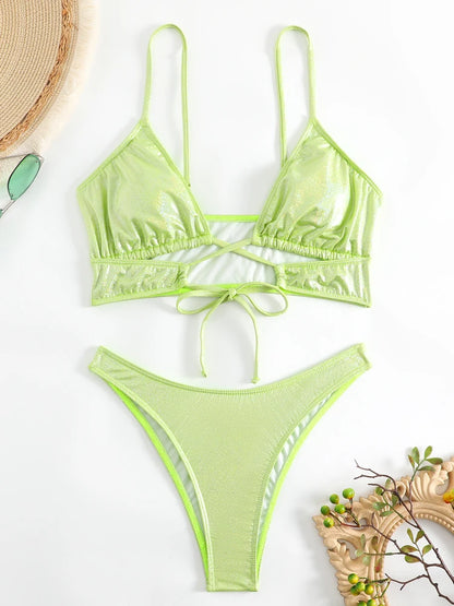 Solid Strapped Swimwear Women High Cut Thong Bikini Push Up Cross Hollow Swimsuit Summer Beach Bathing Suit