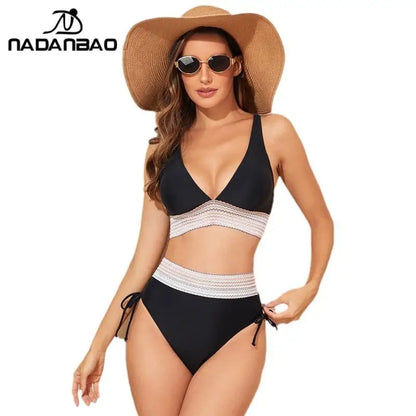 Swimsuit Women Bikinis Patchwork High Waist Swimwear Female Bowknot Drawstring Bikini Set Beachwear Bathing Suit