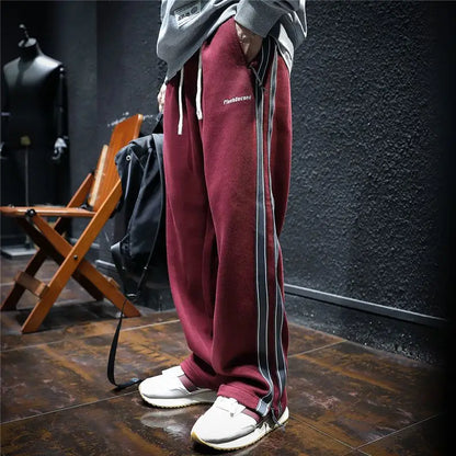 Men Straight Stripes Sweatpants Korean Spring Autumn Male Elastic Waist Zipper Pockets Loose Sports Casual Trousers