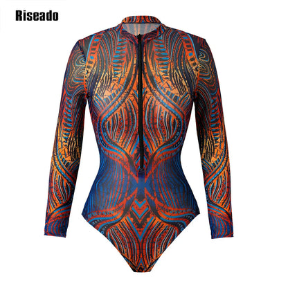 Women's Mesh Beach Suit Printed High Waist Surfing One Piece Swimsuit with Long Sleeves Large Size