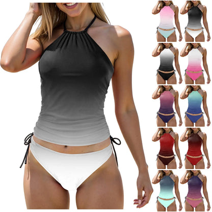Women's Gradient Swimsuit Tankini Slim Fit Look Thin Hanging Neck Off Shoulder Suspender Tops Mid Waist Shorts With Drawstring