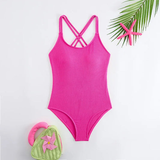 Girls Swimsuit One Piece Pink Kids Swimwear Solid Children's Bathers Bathing Swimming Swim Suit Summer Beachwear