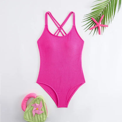 Girls Swimsuit One Piece Pink Kids Swimwear Solid Children's Bathers Bathing Swimming Swim Suit Summer Beachwear
