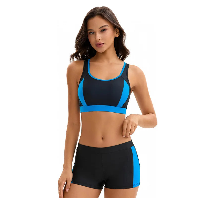 Two Piece Bikinis Swimsuits for Women Tummy Control Bathing Suit with Shorts Athletic Swimwear  Block Color Swimming Wear