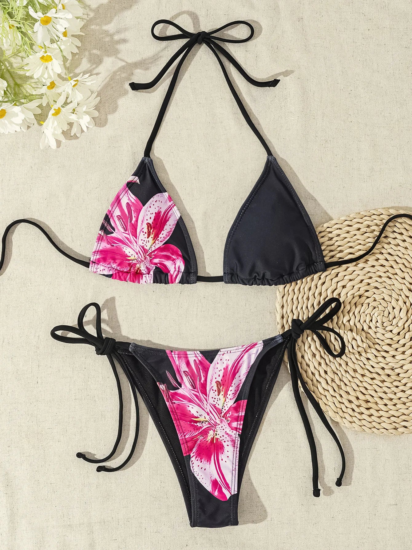 Triangle Bikini Set - Floral Print Push Up Swimsuit & Brazilian Bottoms