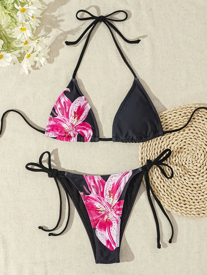 Triangle Bikini Set - Floral Print Push Up Swimsuit & Brazilian Bottoms