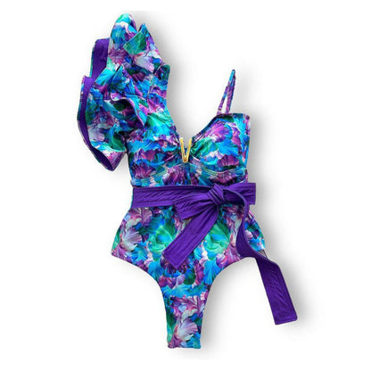 Ruffle Print Floral One Piece Strappy One shoulder Swimwear Women Swimsuit Bathing Suit Backless Beachwear Monkini
