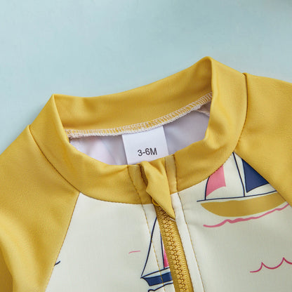 Children Swimsuit with Caps Fashion Sailboat Print Zip Up Long Sleeve Crew Neck Baby Boy Girl Swimwears Beach Wear