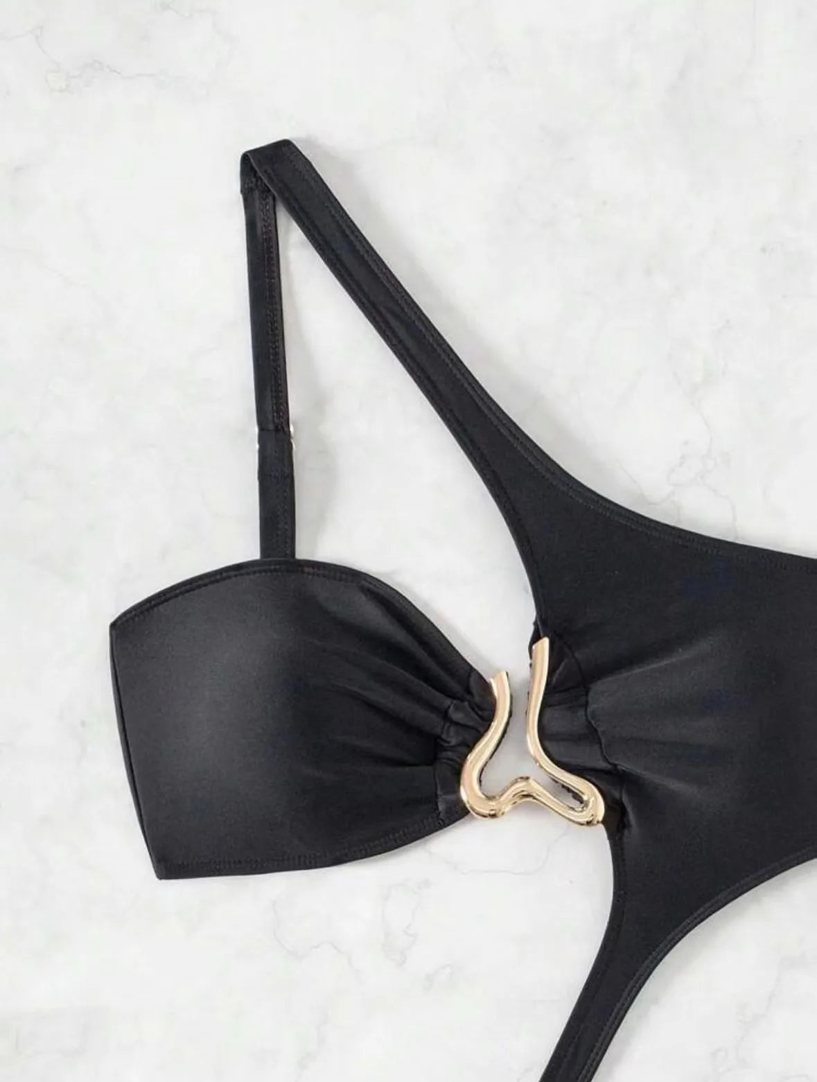 Black or Blue Bikini one-piece solid color one shoulder gold clip swimsuit bathers