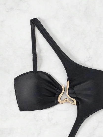 Black or Blue Bikini one-piece solid color one shoulder gold clip swimsuit bathers