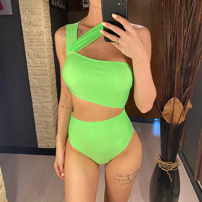 S - XL 13 Colors Asymmetric Cut Out One Piece Swimsuit Women Swimwear Female One Shoulder Padded Bather Bathing Suit Swim