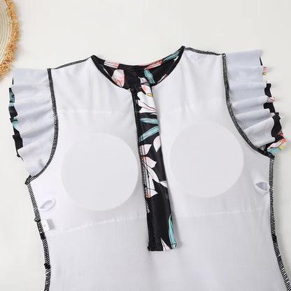 Nadanbao Sexy Bodysuit Swimsuit Women Floral Printing Fashion Swimwear Female Flounce Zipper Beach Party Surfing Beachwear
