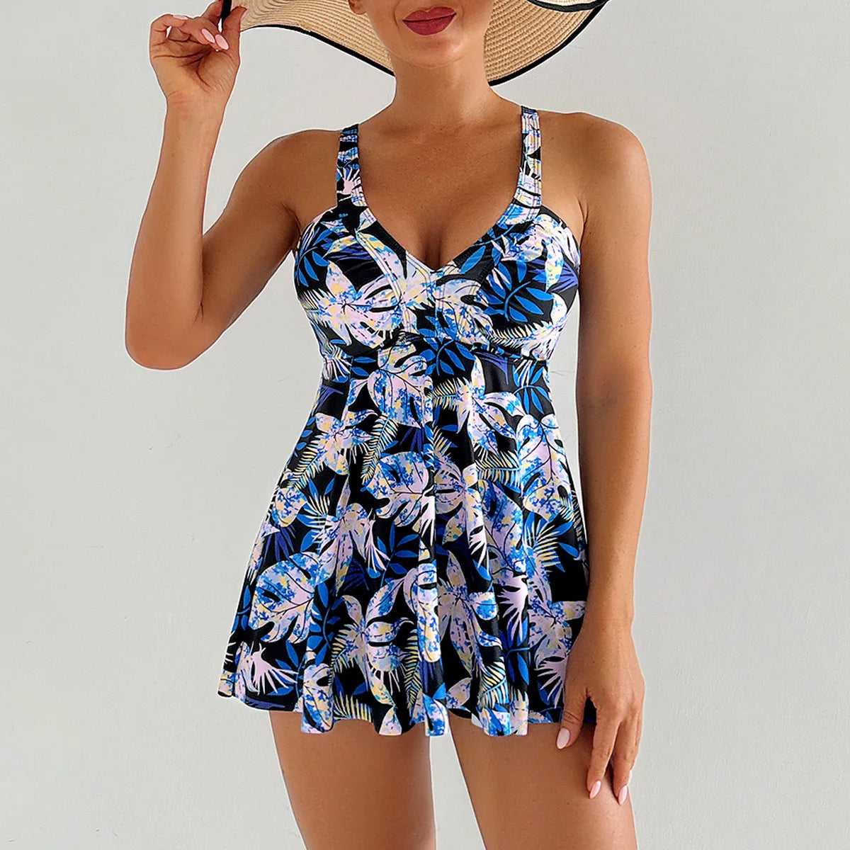 Print Tankini Swimwear Women's Dress Swimming Trunks Set V-neck Suspender Backless Beach Vacation Bathing Suit