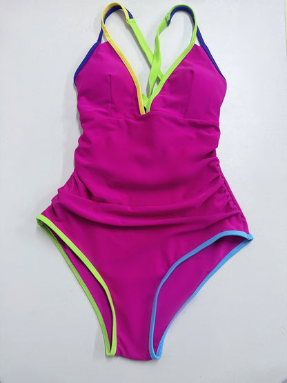 V-neck Strappy Swimsuit Women One Piece Solid Back Cross Swimwear Female Bathers Bathing Swimming Swim Suit Beachwear XXL
