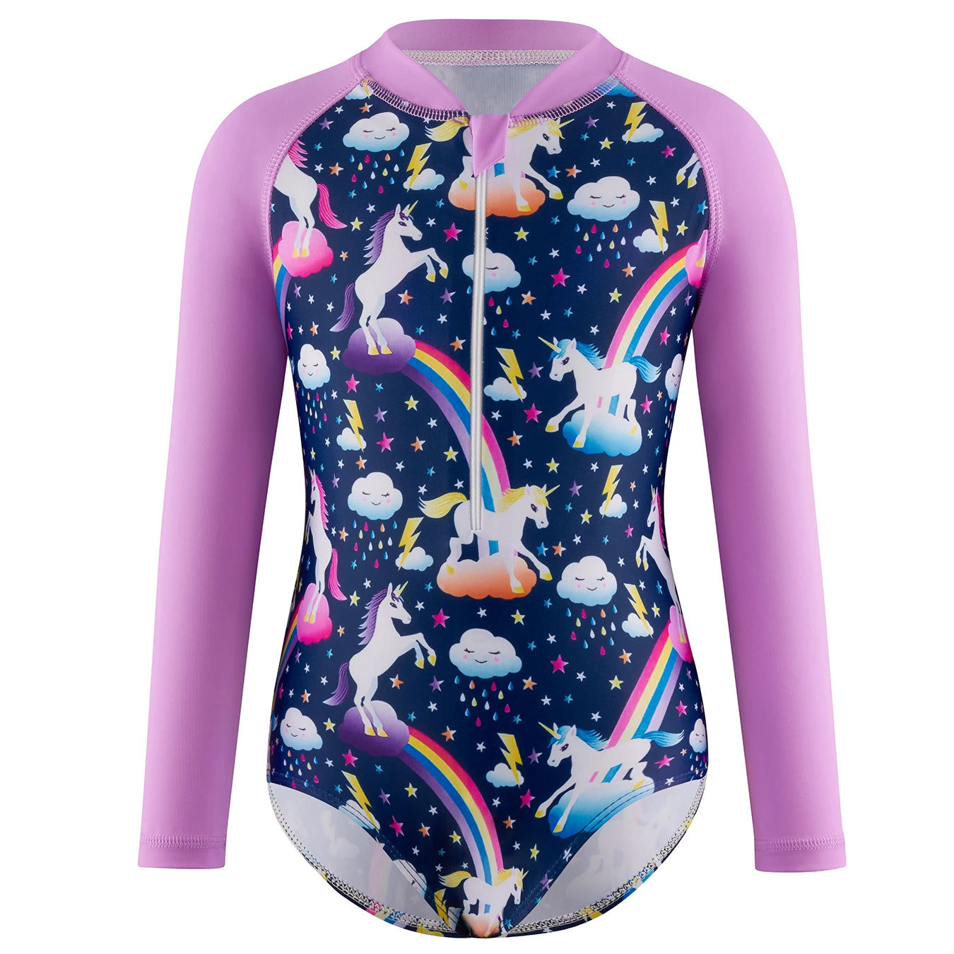 Girls Swimsuit One-Piece Cartoon Horse Weather Icons Print Bikini-Cut Swimwear Long Sleeve Color Blocking Beach Swim Rash Guard