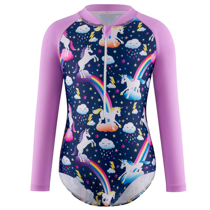 Girls Swimsuit One-Piece Cartoon Horse Weather Icons Print Bikini-Cut Swimwear Long Sleeve Color Blocking Beach Swim Rash Guard