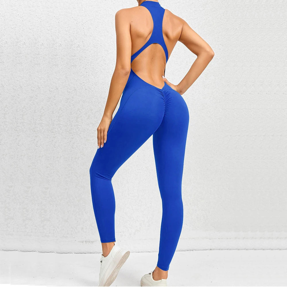 Women's Deep-V Zip-Front Open-Back Workout Playsuit