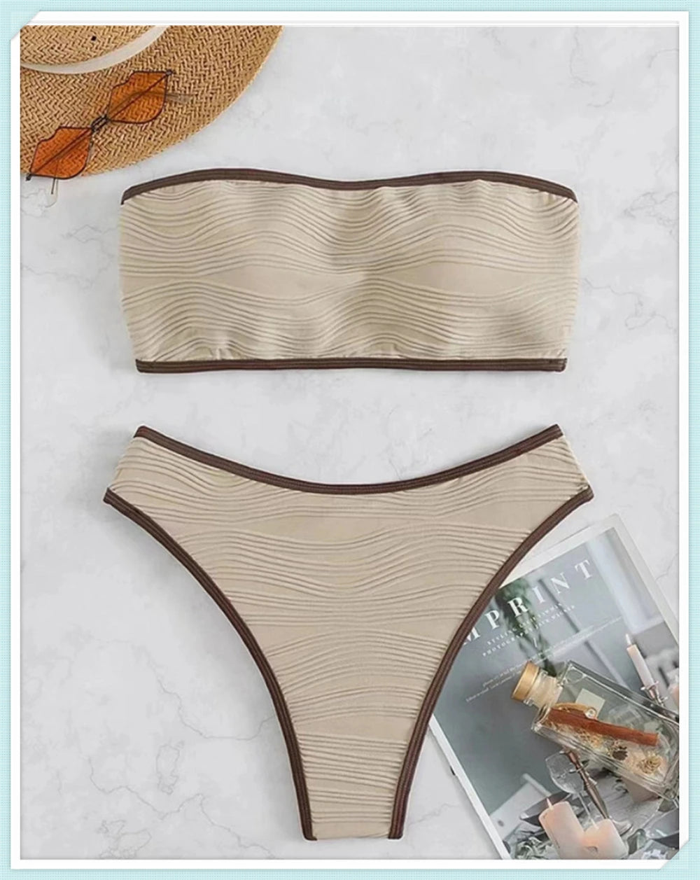 Bandeau High Waist Bikini Women Triangle Swimsuit Stitch Detail Swimwear Padded Bathing Suit Female Solid Beachwear