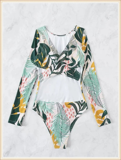 Surf Long Sleeve Swimsuit Women Back Cut Out One Piece Diving Clothes Swimwear Female Printed Bathing Swimming Bodysuit