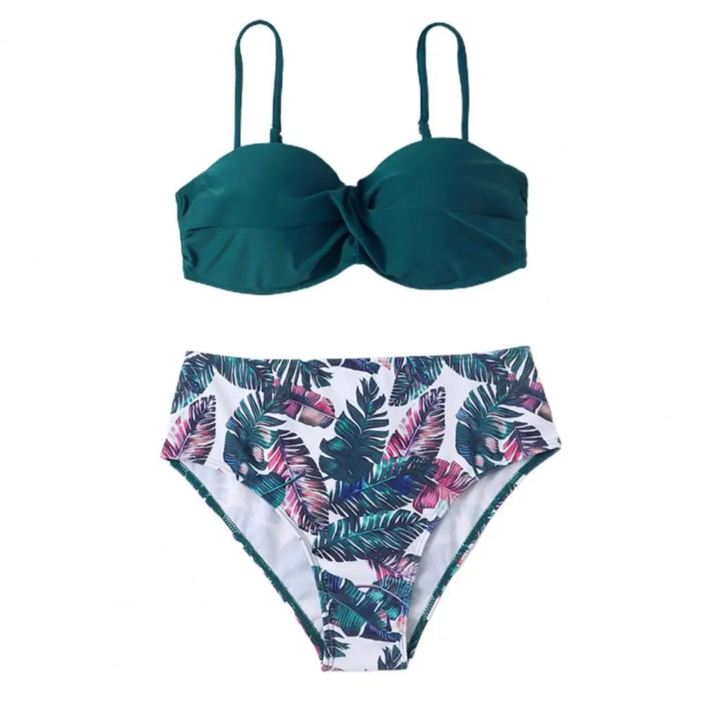 Women Bikini Set Solid Color Underwire Padded Push-Up Split Bikini Bra Print High Waist Bottoms Swimsuit Women Bathing Suit