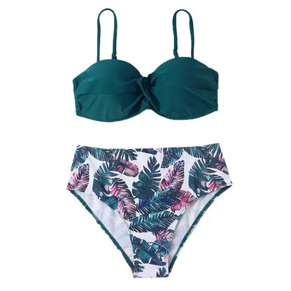 Women Bikini Set Solid Color Underwire Padded Push-Up Split Bikini Bra Print High Waist Bottoms Swimsuit Women Bathing Suit