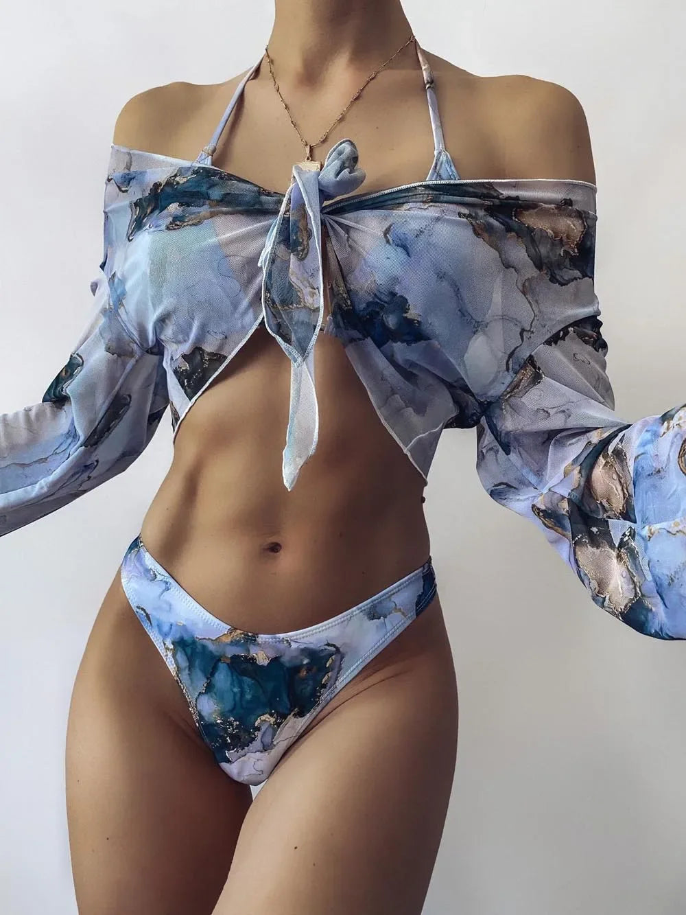 Sport Bikini Set Women Swimsuit Push Up High Waist Marble Blooming Print Swimwear Female Bathing Suit