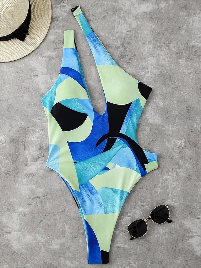 Asymmetric Printed One Shoulder Women Swimwear One Piece Swimsuit Female Backless Monokini High Cut Bathing Suit Swim Bodysuit