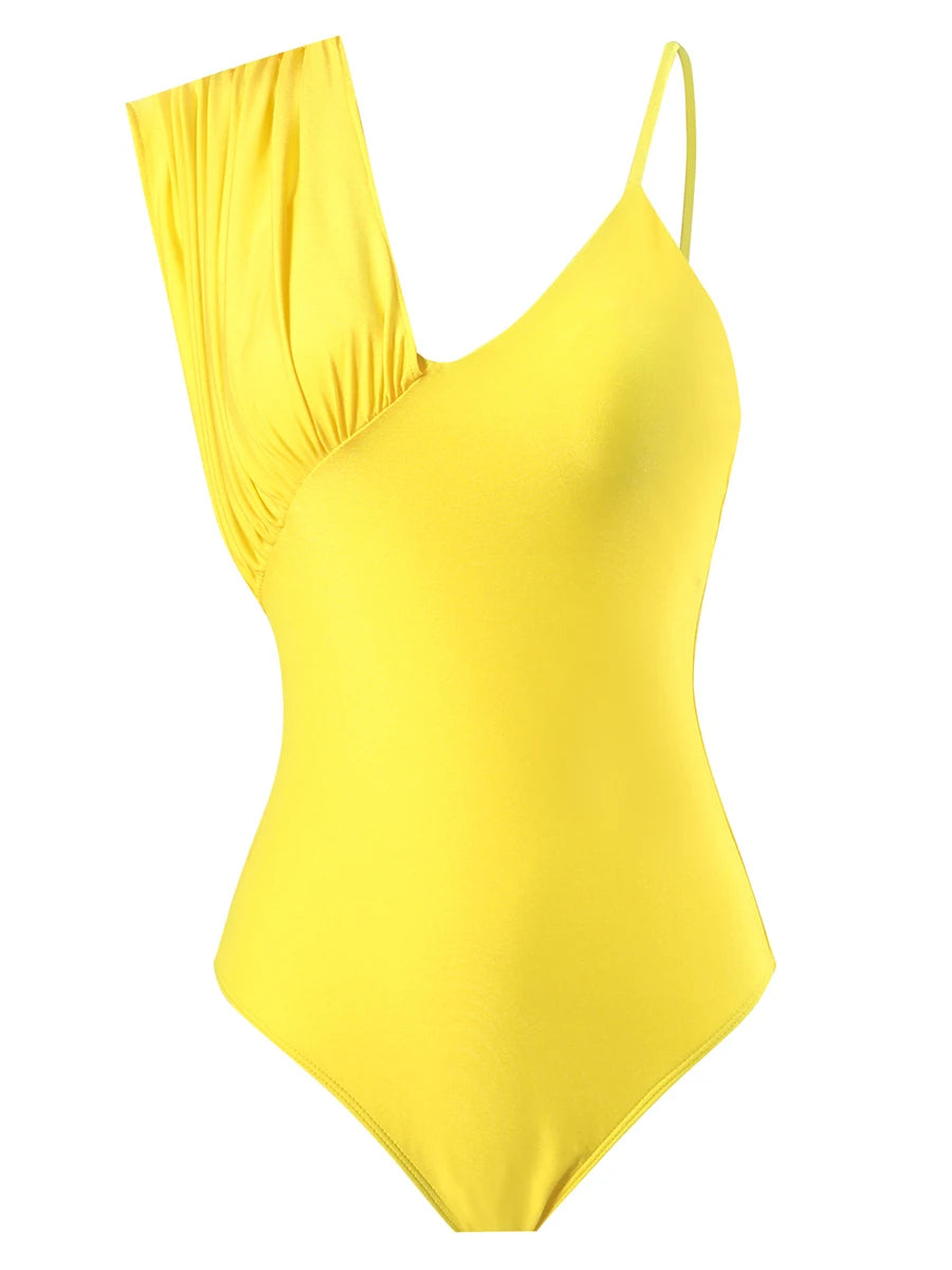 Solid Asymmetric Swimsuit Women One Piece Yellow Swimwear Female Beachwear Bathers Bathing Swimming Swim Suit