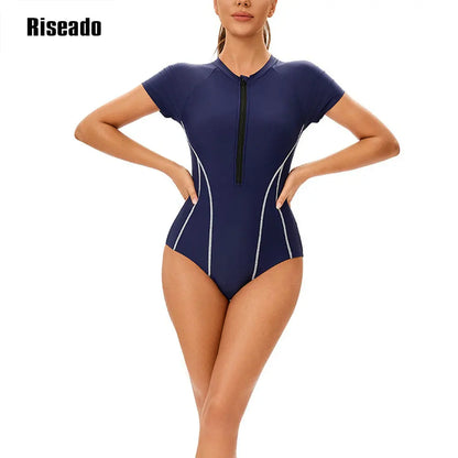 Riseado One-pieces Swimsuits Women Beachwear Short Sleeve Navy Sports Swimwear for Summer Surfing Swimming