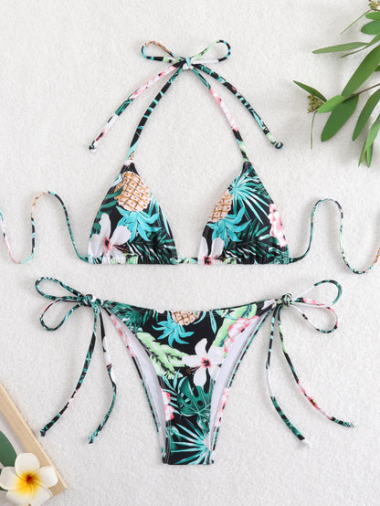 Tie Dye Gradient Mini Bikini Women Halter Push Up Bra Tie Side Thong Swimsuit Beach Pool Holiday Bathing Suit Swimwear