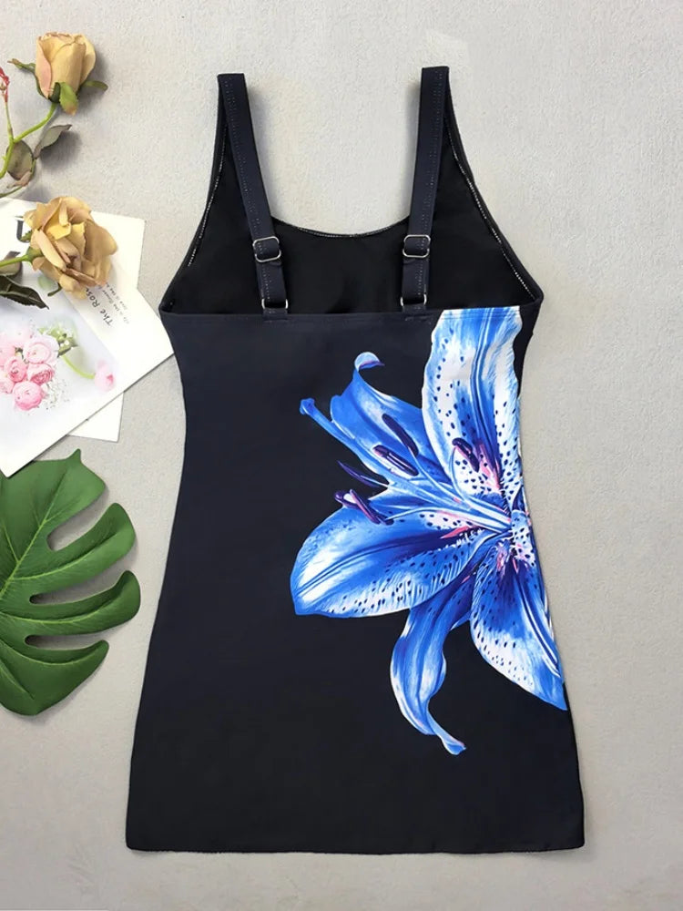 Vintage Black Flower Print Tankini Set Women Drawstring Dress High Waist Shorts 2 Piece Swimsuit Bathing Suit Swimwear XXL