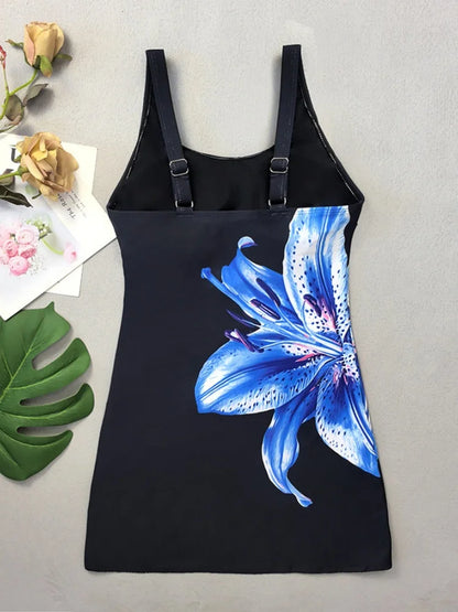 Vintage Black Flower Print Tankini Set Women Drawstring Dress High Waist Shorts 2 Piece Swimsuit Bathing Suit Swimwear XXL