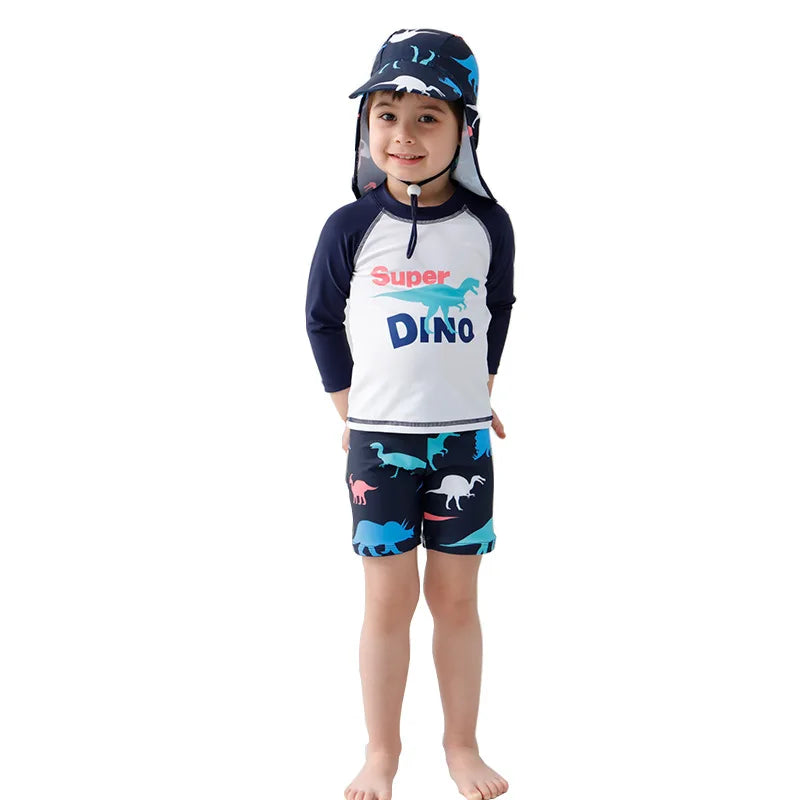 3 pcs Children Swimsuit Set Boys Quick-drying Long Short Sleeve Shark Pattern Drawstring Swimming Trunks Hat Split Bathing Suit