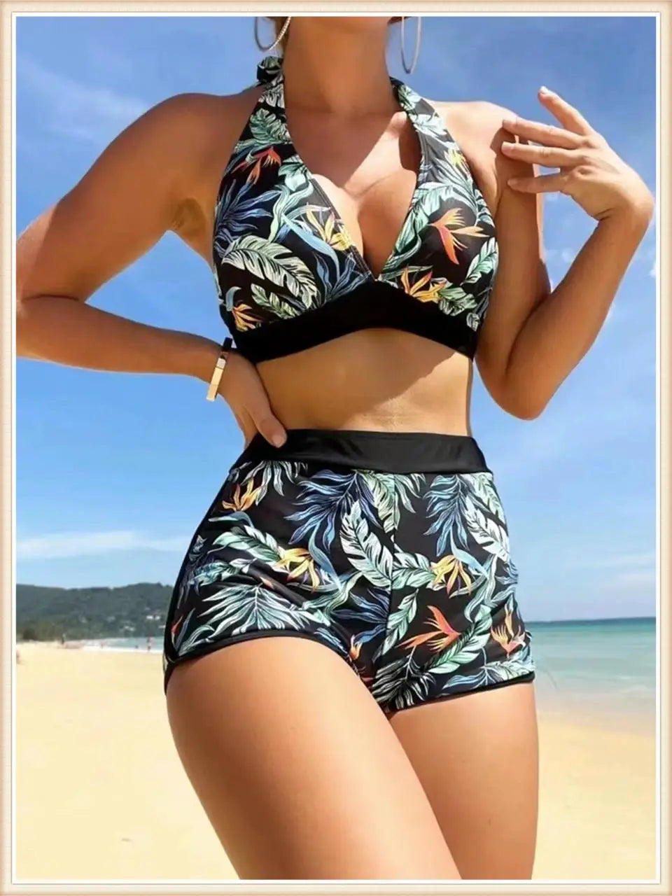 Halter Bikini Women High Waist Swimwear Female Swimsuit Leaf Printed Beachwear Bathing Swimming Suit Summer Beachwear